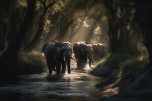 AI generated Elephants in Serene Forest Stream in their Natural Habitat. created with Generative AI photo