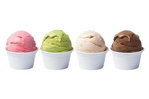 AI generated Delicious ice cream scoops in white cups of chocolate, strawberry, vanilla, and green tea flavors isolated on white background. created with Generative AI photo