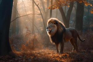 AI generated Majestic lion standing still in the forest. created with Generative AI photo