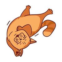 The cat is a cartoon redhead. A cartoon fat tabby cat shows emotions. An animal kitten with emotions on its face. Vector isolated illustration of a red-colored cat lying on its back and purring