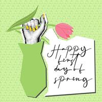 In a woman's hand is a tulip and the inscription happy first day of spring. Hand in dots pop art grunge collage. Cut paper with a flower pattern. Vector illustration for printing on postcards. Green