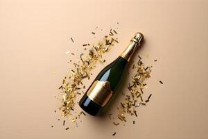 AI generated Celebrate with Champagne Bottle of Champagne with Gold Glitter. created with Generative AI photo