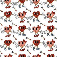 Trendy groovy heart pattern is a girl and a boy. Pair of characters in the shape of a heart, go to meet each other, Cupid's arrow, retro character. Vector flat for valentine's day. Texture for holiday