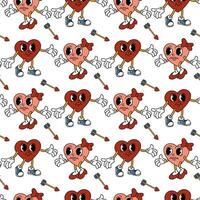 Trendy groovy heart pattern is a girl and a boy. Pair of characters in the shape of a heart, go to meet each other, Cupid's arrow, retro character. Vector flat for valentine's day. Texture for holiday