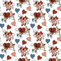 Trendy groovy heart pattern is a girl and a boy cupids. Pair of characters in the shape of a heart, flying and shooting a balloon, retro character. Vector flat for valentine's day. Texture for holiday