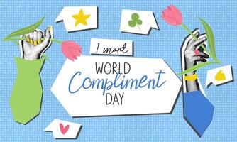 World Compliments Day hands with flowers as a compliment. Pop art, grunge, collage. Handwritten inscription in honor of World Compliments Day, balloons with support. vector illustrations