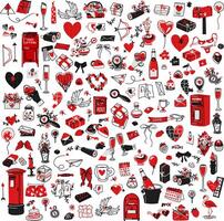 Set is colored large for Valentine's Day in a doodle style. Black and red linear outline. An isolated vector. Objects for lovers are contour illustrations. The sketch with a partial fill of red color vector