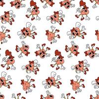 Trendy groovy heart girl pattern. Female character in the shape of a heart in different poses, a retro character. With wings, flowers, balloons. Vector flat for valentine's day Texture for the holiday