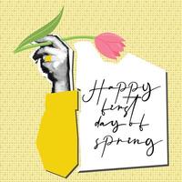 In a woman's hand is a tulip and the inscription happy first day of spring. Hand in dots pop art grunge collage. Cut paper with a flower pattern. Vector illustration for printing on postcards. Yellow