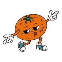 Retro groovy fruit orange. Retro cartoon stickers with funny comic book characters and gloved hands dancing. A fruit with emotions on its face. Cool fruits. Groovy, y2k, 70s, 60s, retro vector