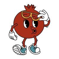 Retro groovy pomegranate fruits. Retro cartoon stickers with funny comic book characters and gloved hands, with glasses. A fruit with emotions on its face. Cool fruits. Groovy, y2k, 70s, 60s, retro vector