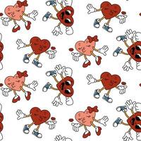 The Trendy groovy heart pattern is a girl and a boy. A pair of heart-shaped characters blow a kiss, the retro character Cupid is watching. Vector flat for valentine's day. Texture for the holiday