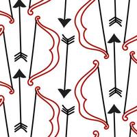 The pattern of arrows and bows are made in the style of red, black doodles. An ornament of bow shooters with arrows in the shape of a heart. Texture for Valentine's Day bow and arrow shooting, arrows vector