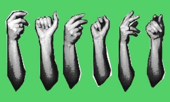 A set of hands in pop art. A collage element with hands, a cutout shape and hands in a black dot. Vintage vector set. The effect of halftones in retro style. The hands are holding something