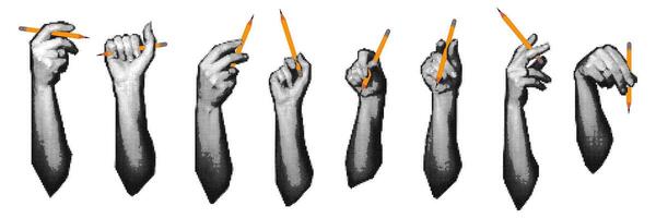 Hands with pencils pop art grunge collage. Set of halftone-style hand cliparts with dots with vector yellow pencils. The hand holds pencils in different poses. School, learning in isolation on a white