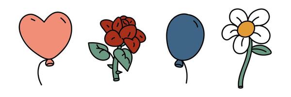 A set of retro balloons and flowers. Vintage colored balloon in the shape of a heart and a regular one, a rose and a daisy. Isolated vector images on a white background