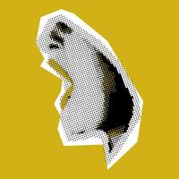 Open mouth sideways in the style of pop art grunge collage. Punk collage. The halftone-style mouth is open in a scream. Bright yellow background and dots collected in the image. Grunge vector banner