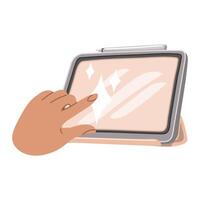 Finger presses on the tablet. The hand flicks a finger across the blank screen. A hand using a digital device, touching, pointing, pressing the display with an index finger. Flat vector illustration