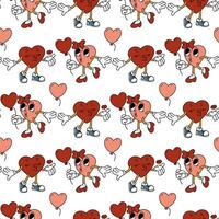 Trendy groovy heart pattern is a girl and a boy. Pair of heart-shaped characters, a guy blowing a kiss, a girl with a balloon, a retro character. Vector flat for valentine's day. Texture for holiday