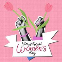 A woman's hand with a flower and text in the International Women's Day ribbon. Dotted female hands with tulips, different hands. Grunge, collage, semitones, dots. The banner is pink for the holiday vector