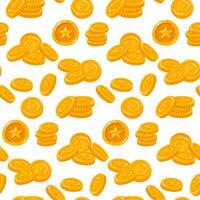 Pattern of gold coins with clover and stars. Vector seamless pattern for St. Patrick's Day with gold coins and a bonus on a white background. Wealth, luck, brilliance. Holiday packaging for good luck
