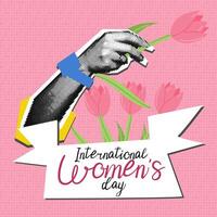 Woman's hand with a flower in tulips. The text in the feed is International Women's Day. Woman's polka-dot hand with tulips, roll up the sleeve. Grunge, collage, semitones, dots. The banner is pink vector