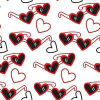 A pattern of sunglasses with hearts in the doodle style. Stylish sunglasses with a seamless pattern. Fashionable background in the style of minimalism. Vector illustration for Valentine's Day