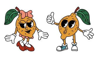 Retro pair of groovy lemon fruits. Emotional stickers with funny comic book characters and gloved hands, a boy and a girl. Lemons with emotions on their face Cool Fruits, Groovy, y2k, 70s, 60s, retro vector