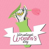 Woman's hand with a flower and text in the ribbon International Women's Day. A woman's polka-dot hand with tulips, a green sleeve. Grunge, collage, semitones, dots. The banner for the holiday is pink vector