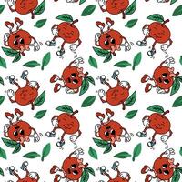 Retro fruit pattern in the form of a pair of apples. the grooves. Cute retro boy and girl characters. Cool vintage summer seamless pattern. Fashionable old style. 1970s. Emotions of fruits. Packaging vector