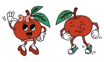 Retro pair of Groovy apple fruits. Emotional stickers with funny comic book characters and gloved hands, a boy and a girl. Apples with emotions on their face. Cool Fruits Groovy, y2k, 70s, 60s, retro vector