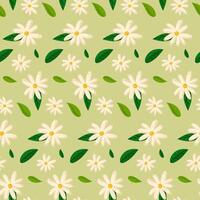 The pattern of flowers is spring daisies on a green background. Boho. Delicate colors, blooming. Vector floral pattern in doodle style with flowers and leaves. Delicate, spring floral background