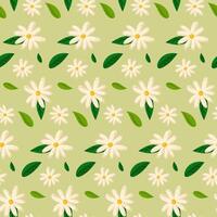 The pattern of flowers is spring daisies on a green background. Boho. Delicate colors, blooming. Vector floral pattern in doodle style with flowers and leaves. Delicate, spring floral background