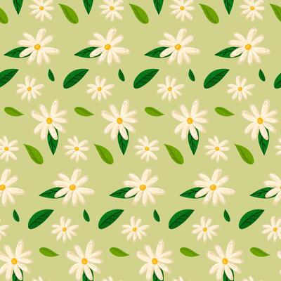 The pattern of flowers is spring daisies on a green background. Boho. Delicate colors, blooming. Vector floral pattern in doodle style with flowers and leaves. Delicate, spring floral background
