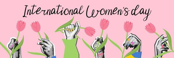 Women's Day hands with flowers and the inscription International Women's Day. Dotted women's hands with tulips in honor of the holiday. Grunge, collage, semitones, dots. Horizontal pink banner vector