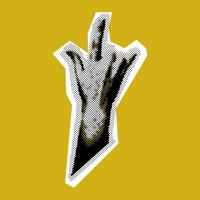 A rocker's hand with a grunge-pop-art-rock collage. A black yellow dot picture. The product looks like a clipping from a magazine. Bright large and small dots create a shape. Hand up, a sign of love vector