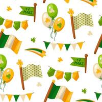 St. Patrick's Day pattern. Vector seamless background with clover leaves, flags, balloons, flag. Suitable for decorating St. Patrick's Day or spring For decoration of fabric, wrapping paper, wallpaper