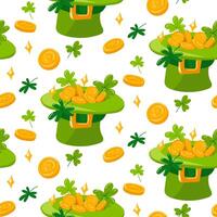 Hat pattern with clover and gold coins. Vector seamless pattern for St. Patrick's Day. A leprechaun hat and gold coins in it on a white background. Luck, wealth, flower, holiday, packaging, repeat