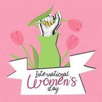 A woman's hand with a flower in tulips. The text in the feed is International Women's Day. A woman's polka-dot hand with tulips, a green sleeve. Grunge, collage, semitones, dots. The banner is pink vector