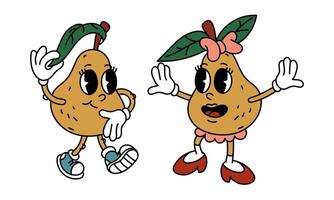 Retro pair of Groovy pear fruits. Emotional stickers with funny comic book characters, gloved hands, a boy and a girl. Pears with emotions on their face. Cool fruits. Funny y2k, 70s, 60s, retro vector