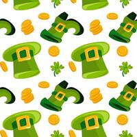A pattern of hats, boots, clover and gold coins. Vector seamless pattern for St. Patrick's Day. A leprechaun hat and gold coins on a white background. Luck, wealth, flower, holiday, packaging, repeat