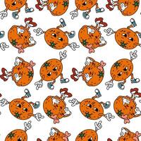 Retro fruit pattern in the form of a pair of orange grooves. Cute retro boy and girl characters. Cool vintage summer seamless pattern. Fashionable old style. The 1970s. Emotions of fruits. Packaging. vector
