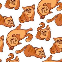 A pattern with cartoon red cats. Cartoon fat striped cats show emotions. A kitten is an animal in different poses. Vector cats in stripes with different emotions and positions on a white background