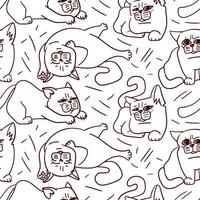 A pattern with cartoon contour cats. Cartoon fat linear cats demonstrate emotions. A kitten is an animal in different poses. Vector cats in stripes with different emotions and positions on a white