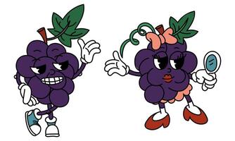 Retro pair of Groovy grape fruits. Emotional stickers with funny comic book characters, gloved hands, a boy and a girl. Grapes with emotions on their face. Cool fruits. Funny y2k, 70s, 60s, retro vector