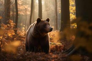 AI generated Bear Standing Still in the Serene Forest. created with Generative AI photo