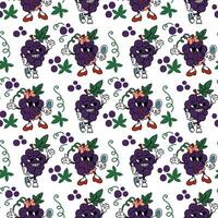 Retro fruit pattern in the form of a pair of grape grooves. Cute retro boy and girl characters. Cool vintage summer seamless pattern. Fashionable old style. The 1970s. Emotions of fruits. Packaging vector