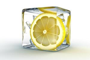 AI generated Refreshing Lemon in Ice Cube Isolated on White Background. created with Generative AI photo