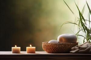AI generated Relaxing Spa Life concept, Arrangement with Stones, Candles, and Leaves. created with Generative AI photo