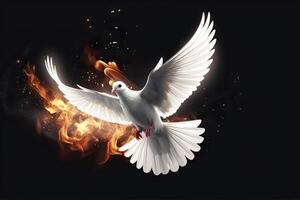 AI generated Flying White Dove with Fiery Glow on a Dark Background, Embodying Peace and the Gifts of the Holy Spirit. created with Generative AI photo